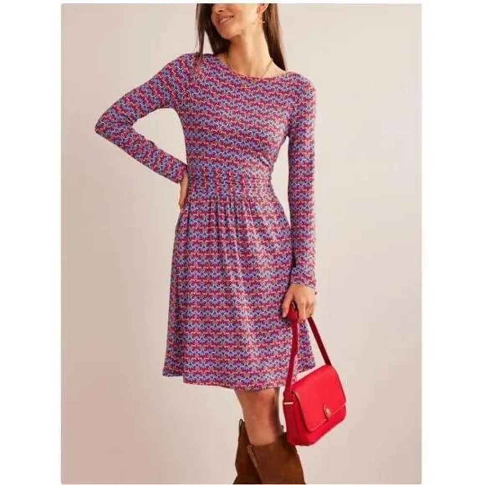 Boden Red Blue Geometric Floral Jersey Long Sleeve‎ Pocket Dress US 6R UK 10R
